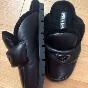 Prada Black Fur-Lined Leather Mules
